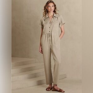 BANANA REPUBLIC Sz XL 100% Lyocell Jumpsuit Drawstring Patch Pockets High Neck